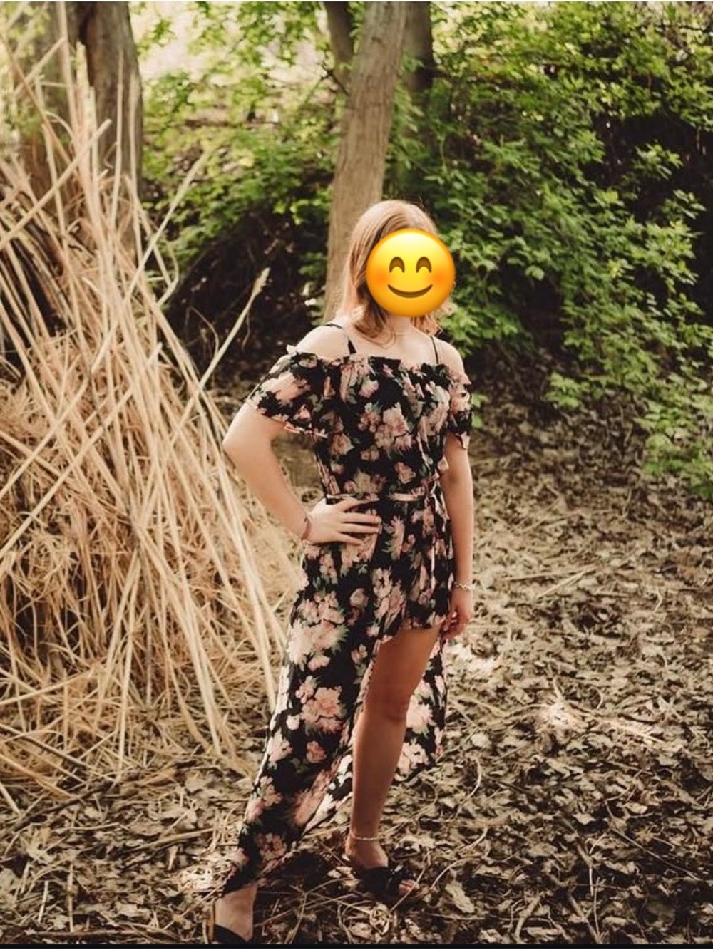 Lily Rose Black Floral Off-Shoulder Romper with Pink and Cream Blossoms